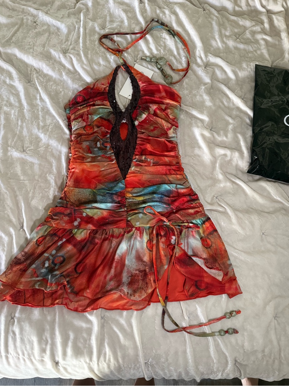 Red Multicolor Halter Mini Dress with Keyhole Detail